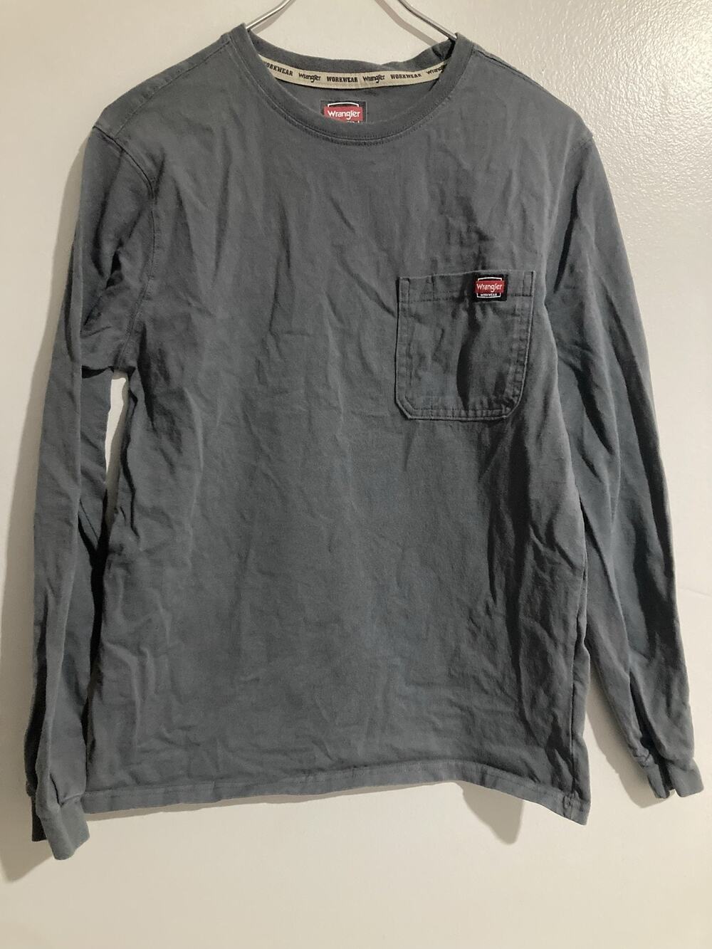 Wrangler Shirt Mens S Gray Long Sleeve Pocket Workwear Cotton Jersey Crew Neck
